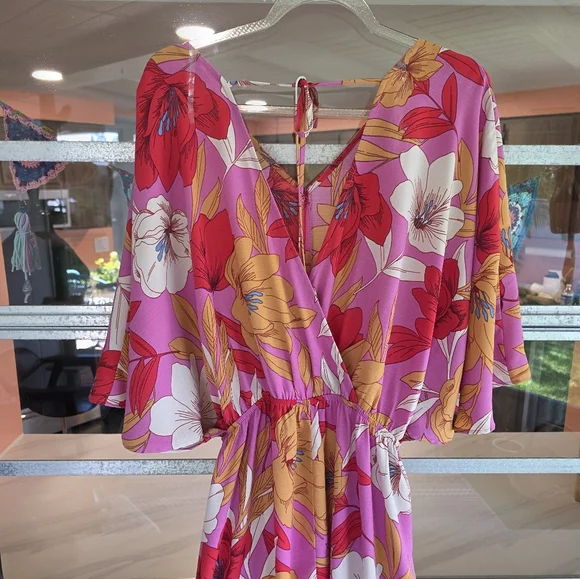 Easel Small Pink Jumpsuit Vibrant Tropical Wide Leg Palazzo Style Vacation - Picture 3 of 11